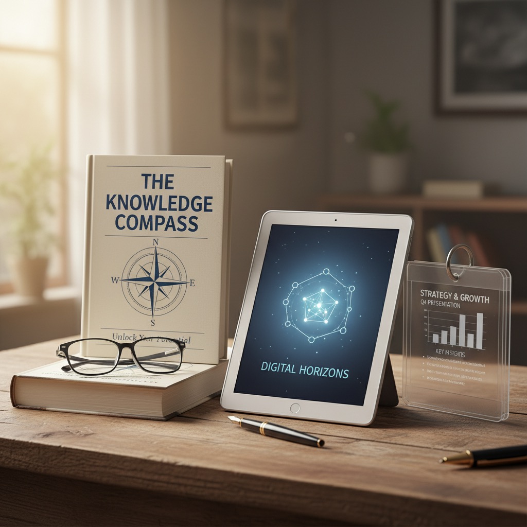 Ein Tablet mit der Aufschrift "DIGITAL HORIZONS" steht neben einem Buch mit dem Titel "THE KNOWLEDGE COMPASS", einer Brille und Notizen auf einem Holztisch.